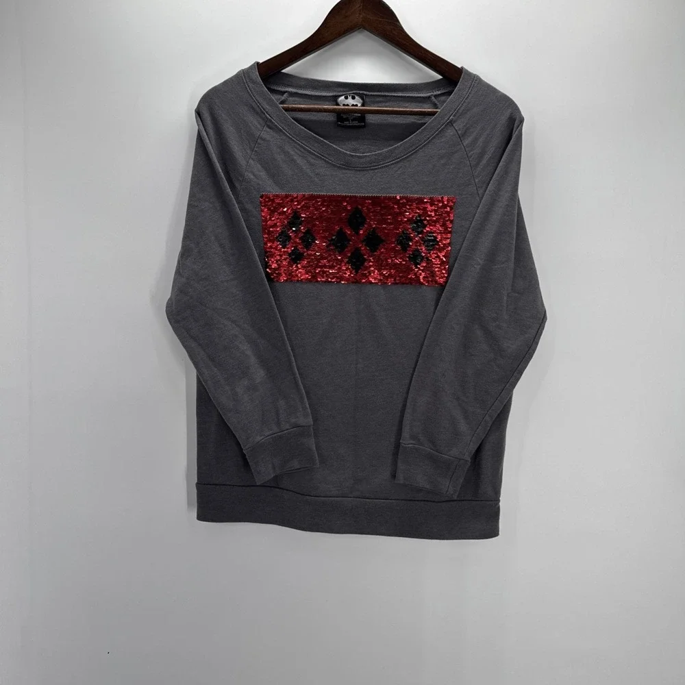 Batman Harley Quinn Flip Sequin Top Gray M Geekcore Comic Casual Graphic Tee